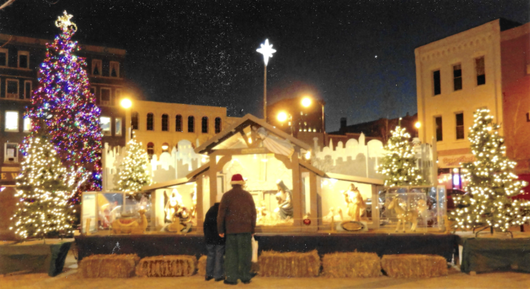 Visitors viewing the Racine Christmas Nativity display at Monument Square, 2023.